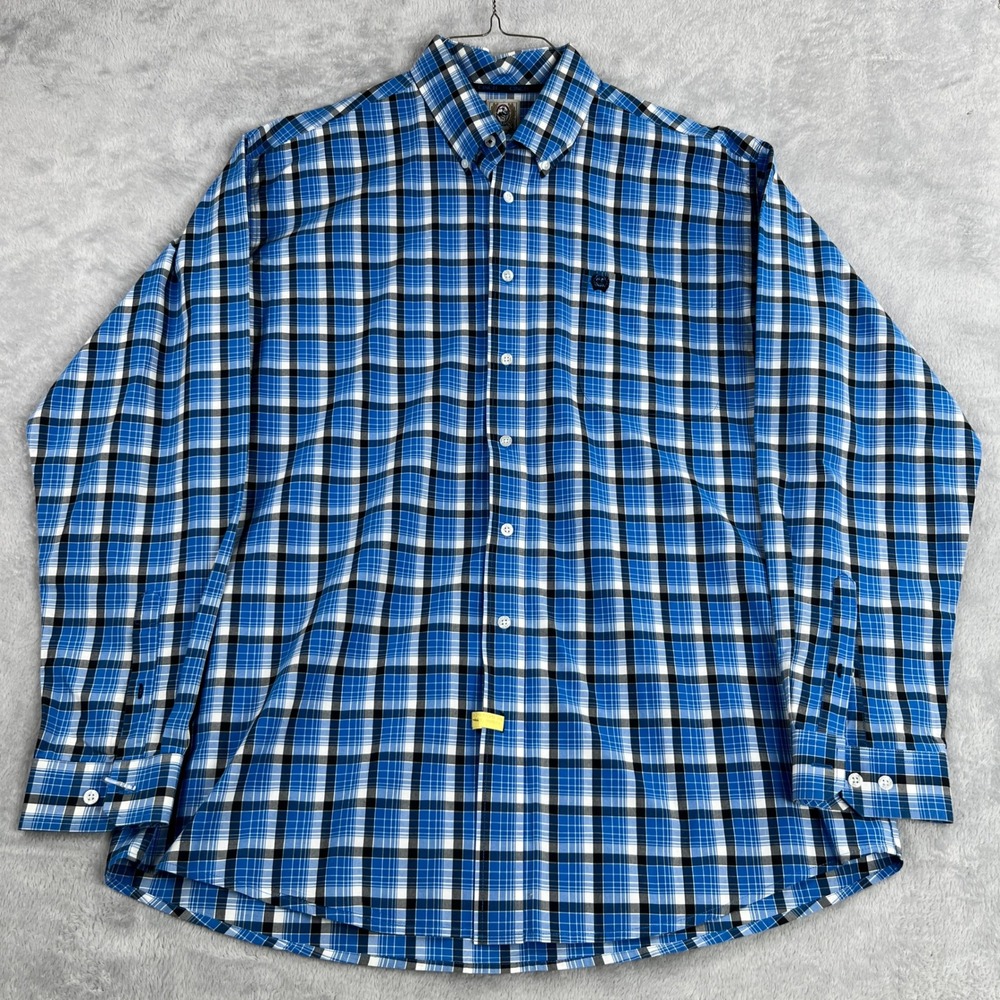 Cinch Plaid Button Down Shirt L Blue Men Western Cowboy Long Sleeve Cotton - Picture 1 of 7